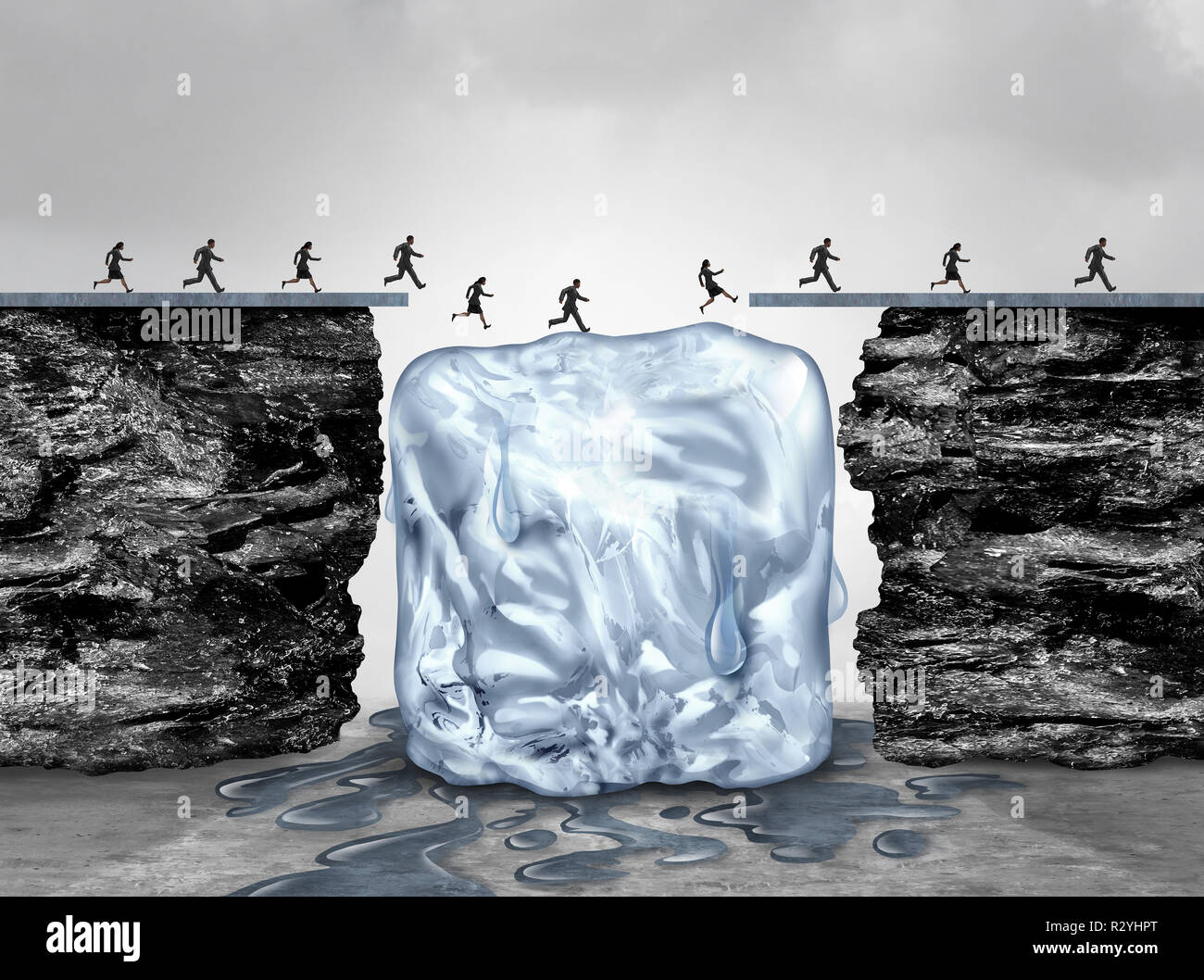 Limited time opportunity and urgent act fast business concept as a bridge made of ice melting away as an emergency deadline or expiration symbol. Stock Photo