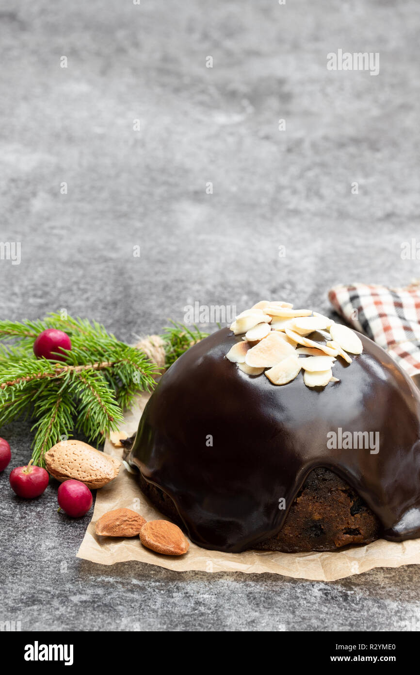 Homemade Christmas pudding on gray stone background Stock Photo Alamy