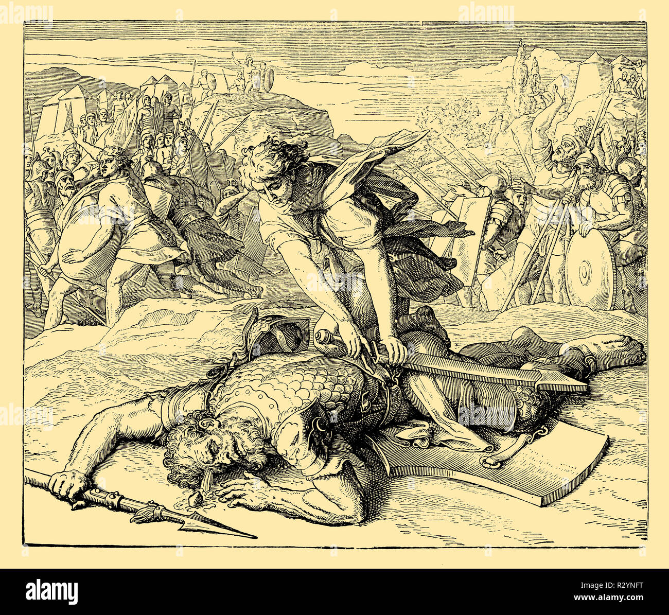 David's fight with the giant Goliath, Julius Schnorr von Carolsfeld Stock Photo