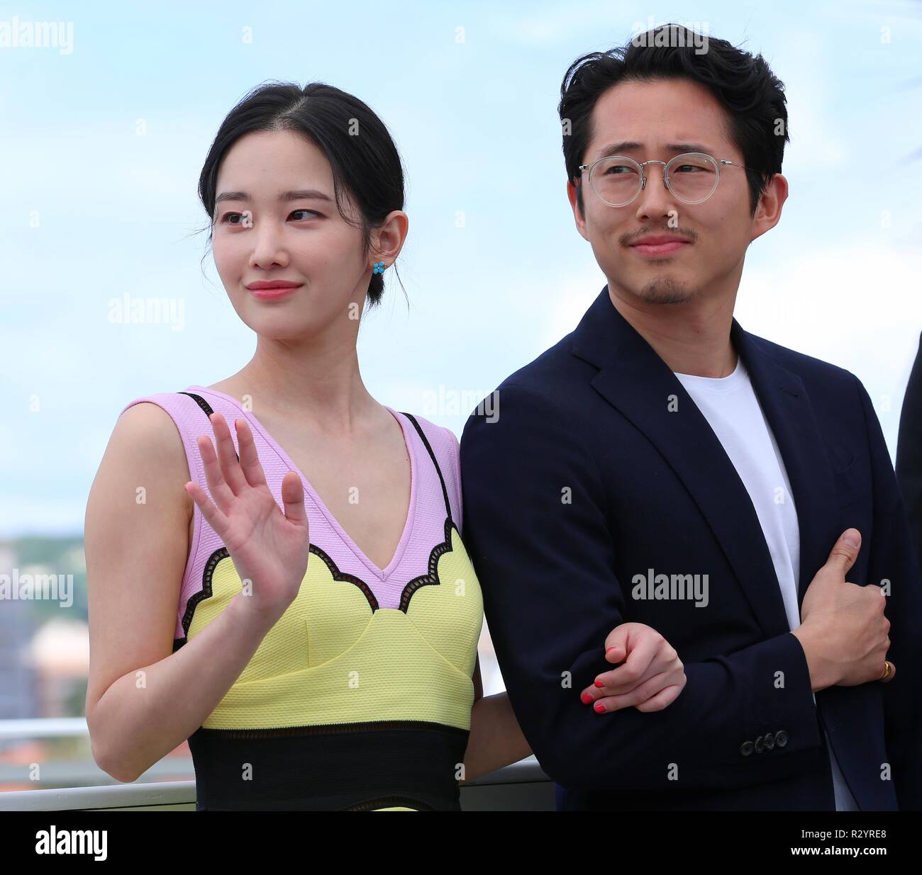 CANNES, FRANCE – MAY 17, 2018:  Jeon Jong-seo and Steven Yeun at the 'Burning' photocall during the Cannes Film Festival (photo by Mickael Chavet) Stock Photo