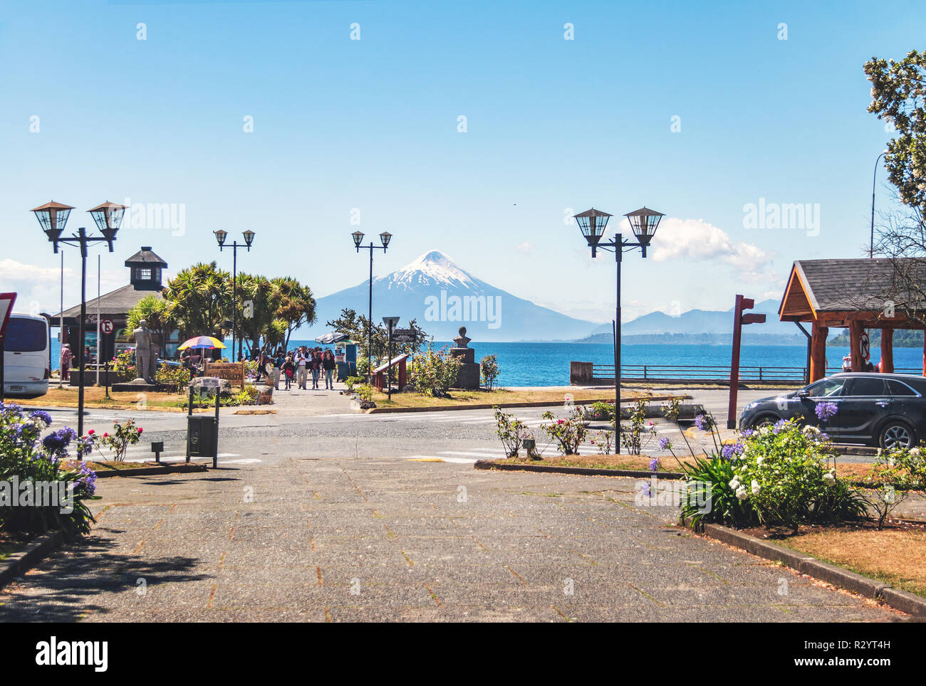 Plaza de Armas Square and Osorno Volcano - Puerto Varas, Chile Stock Photo