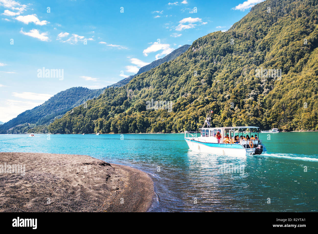 Boat at Todos los Santos Lake - Los Lagos Region, Chile Stock Photo