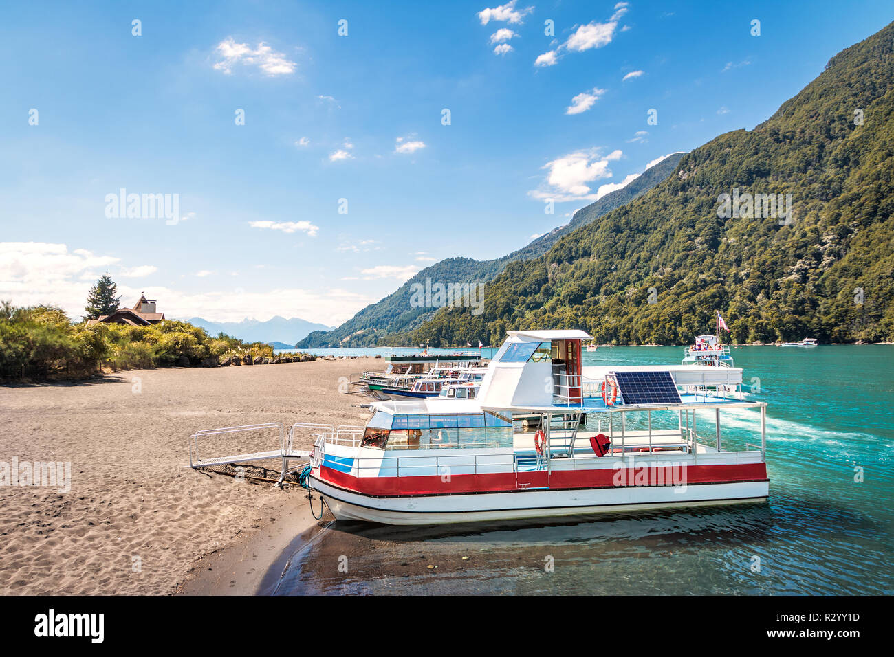 Boats at Todos los Santos Lake - Los Lagos Region, Chile Stock Photo