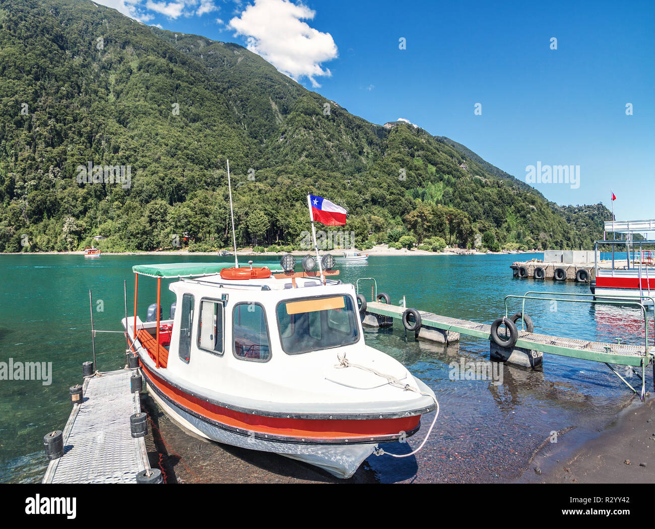 Boats at Todos los Santos Lake - Los Lagos Region, Chile Stock Photo