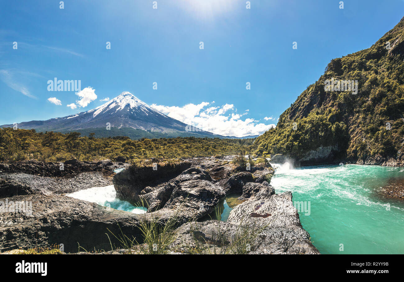 Saltos del Petrohue Waterfalls and Osorno Volcano - Los Lagos Region, Chile Stock Photo