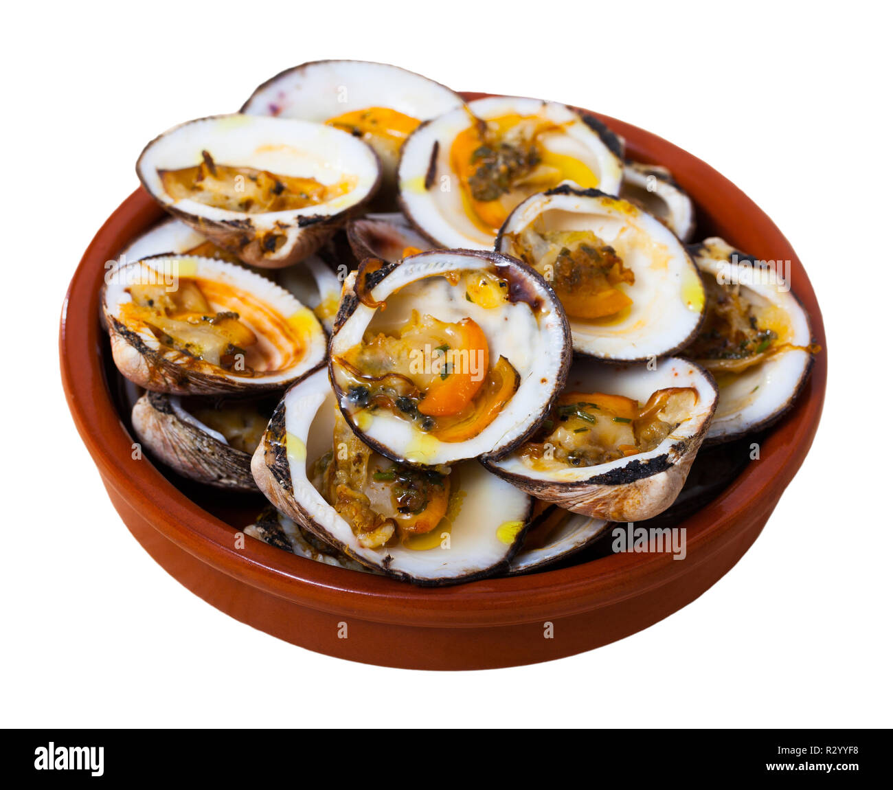 Image of tasty open dog cockle baked in oven. Isolated over white background Stock Photo