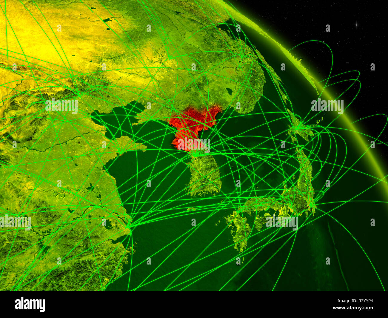 North Korea from space on model of digital planet Earth with network ...