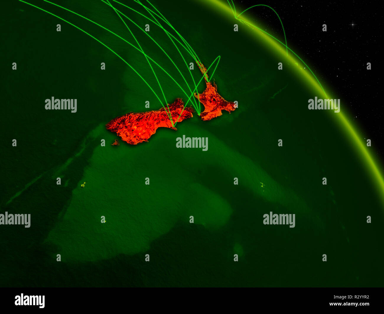 New Zealand from space on model of digital planet Earth with network ...