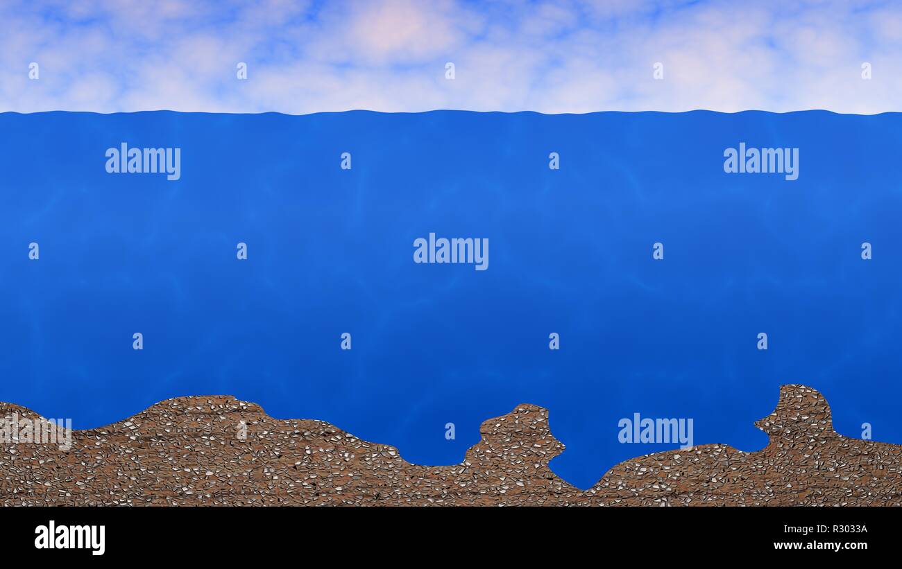 Ocean background with rippling waves,  clouds, sea floor. 3d  render Stock Photo