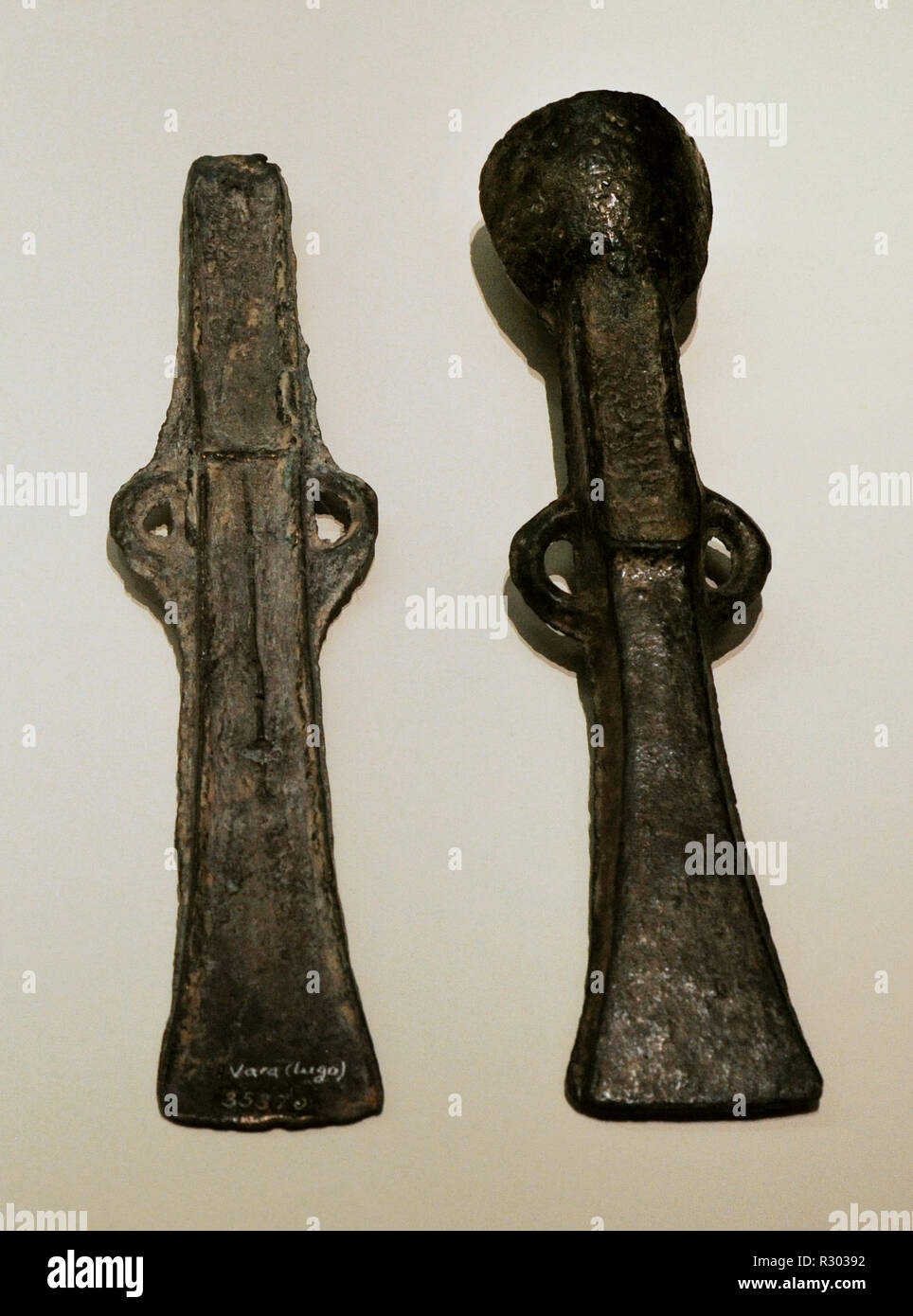 Bronze heel axes. Late Bronze Age-Iron I. Vara (Lugo, Galicia) and province of Leon. National Archaeological Museum. Madrid. Spain. Stock Photo
