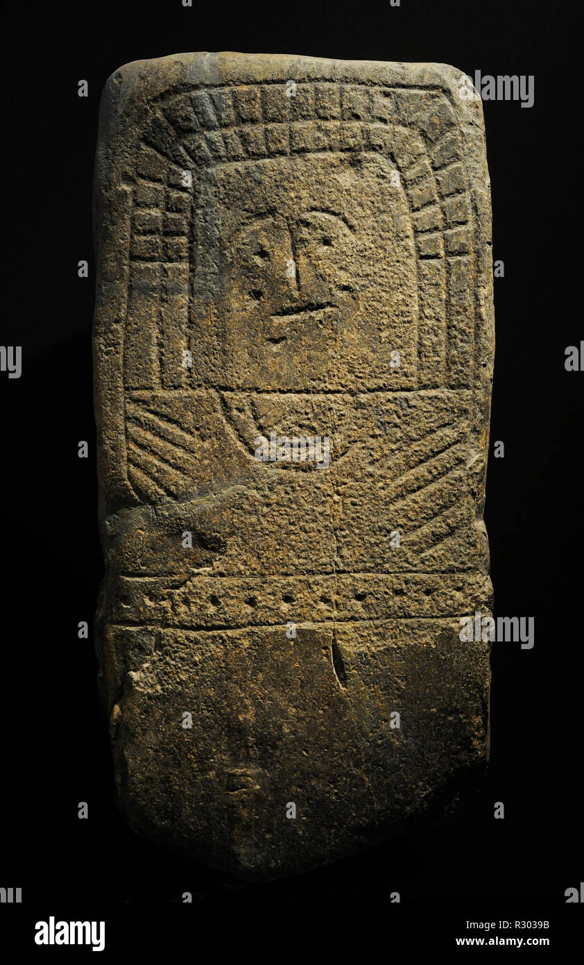 Stela of Hernan Perez VI. 2000-1500 BC. Early-Middle Bronze Age. Anthropomorphic. Granite. Hernan Perez (Caceres province, Extremadura). National Archaeological Museum. Madrid. Spain. Stock Photo