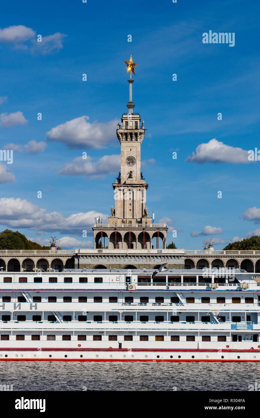 River cruise ships at the North River Terminal mooring docks on the Moscow canal, Moscow, Russia. Stock Photo