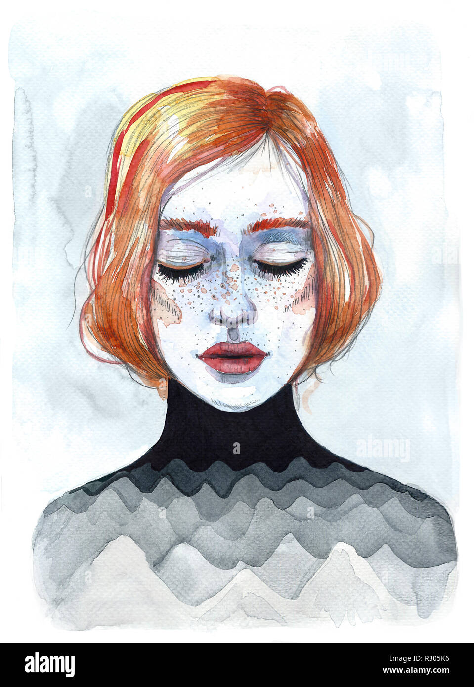 Watercolour portrait of a red haired girl with closed eyes Stock Photo