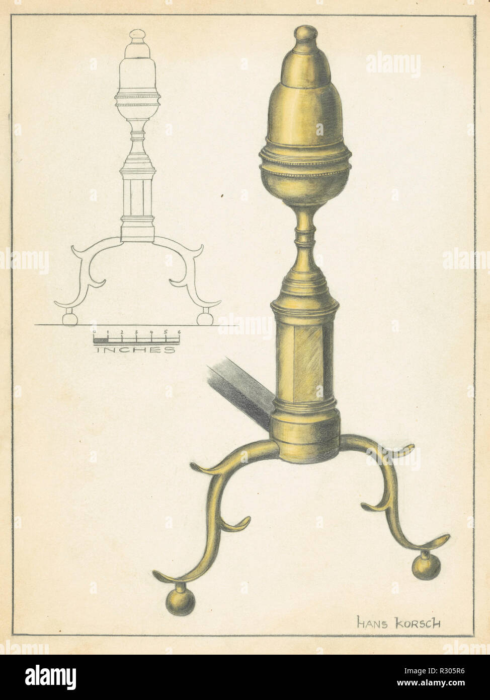 Andiron (one of pair). Dated: c. 1936. Dimensions: overall: 29.3 x 22.2 cm (11 9/16 x 8 3/4 in.)  Original IAD Object: 20 1/2' high. Medium: watercolor and graphite on paperboard. Museum: National Gallery of Art, Washington DC. Author: Hans Korsch. Stock Photo