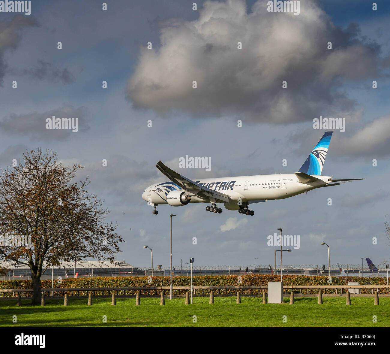 LONDON, ENGLAND - NOVEMBER 2018: Egyptair Boeing 777 jet about to land at London Heathrow Airport. Stock Photo