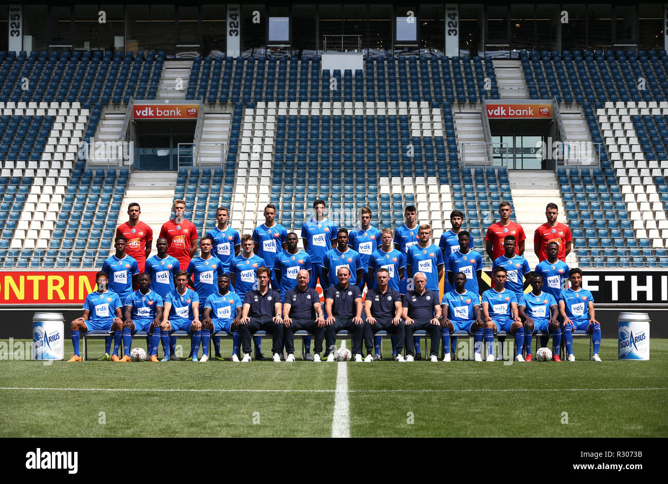 GHENT, BELGIUM - JULY 16 :  (Back row L-R) : Yannick Thoelen, Anthony Swolfs, Nicolas Raskin, Siebe Horemans, Roman Yaremchuk, Giorgi Chakvetadze, Thibault De Smet, Giorgi Beridze, Jari De Busser, Colin Coosemans.  (Middle row) : David Jonathan, Mamadou Sylla, Birger Verstraete, Thomas Foket, Anderson Esiti, Renato Neto, Sigurd Rosted, Igor Plastun, Samuel Kalu, Peter Olayinka, Stallone Limbombe.  (Front row) : Ofir Davidzada, Aboubakary Koita, Brecht Dejaegere, Moses Simon, Stijn Matthys (Assistant coach), Peter Balette (Assistant coach), Yves Vanderhaeghe (Head coach), Francky Vandendriessch Stock Photo