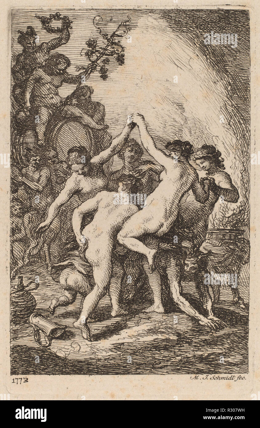 The Triumph of Bacchus with Dancing Nymphs. Dated: 1773. Dimensions: plate: 14 x 9.1 cm (5 1/2 x 3 9/16 in.)  sheet: 18.5 x 13.2 cm (7 5/16 x 5 3/16 in.). Medium: etching on laid paper. Museum: National Gallery of Art, Washington DC. Author: Martin Johann Schmidt. Stock Photo