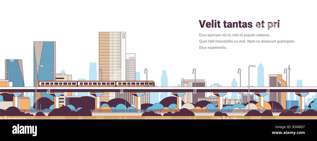 subway train over modern city panorama high skyscrapers cityscape ...