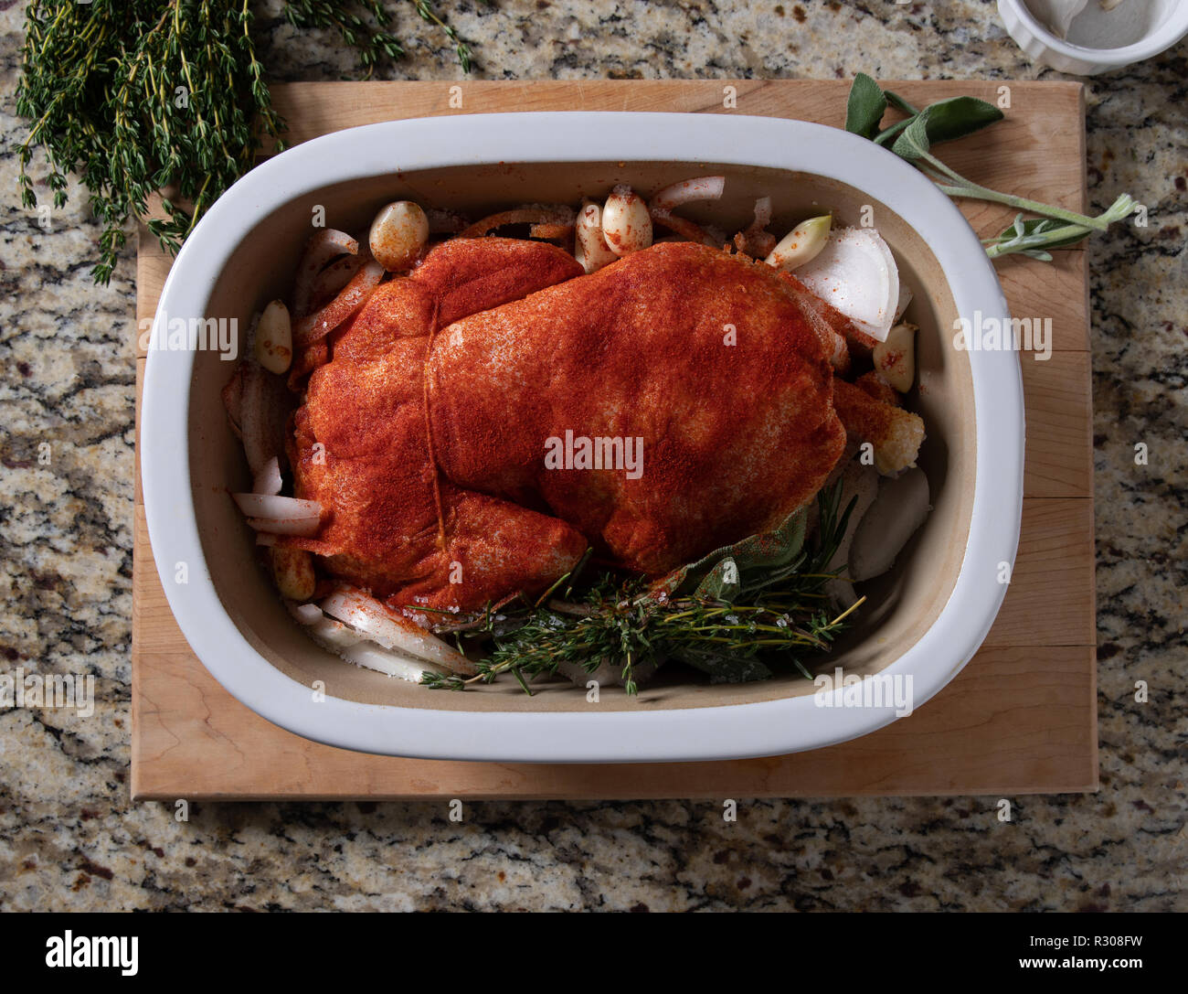 Flat lay of a whole chicken prepared for roasting with garlic, onion, paprika and a bouquet garni of rosemary, sage, and thyme. Stock Photo
