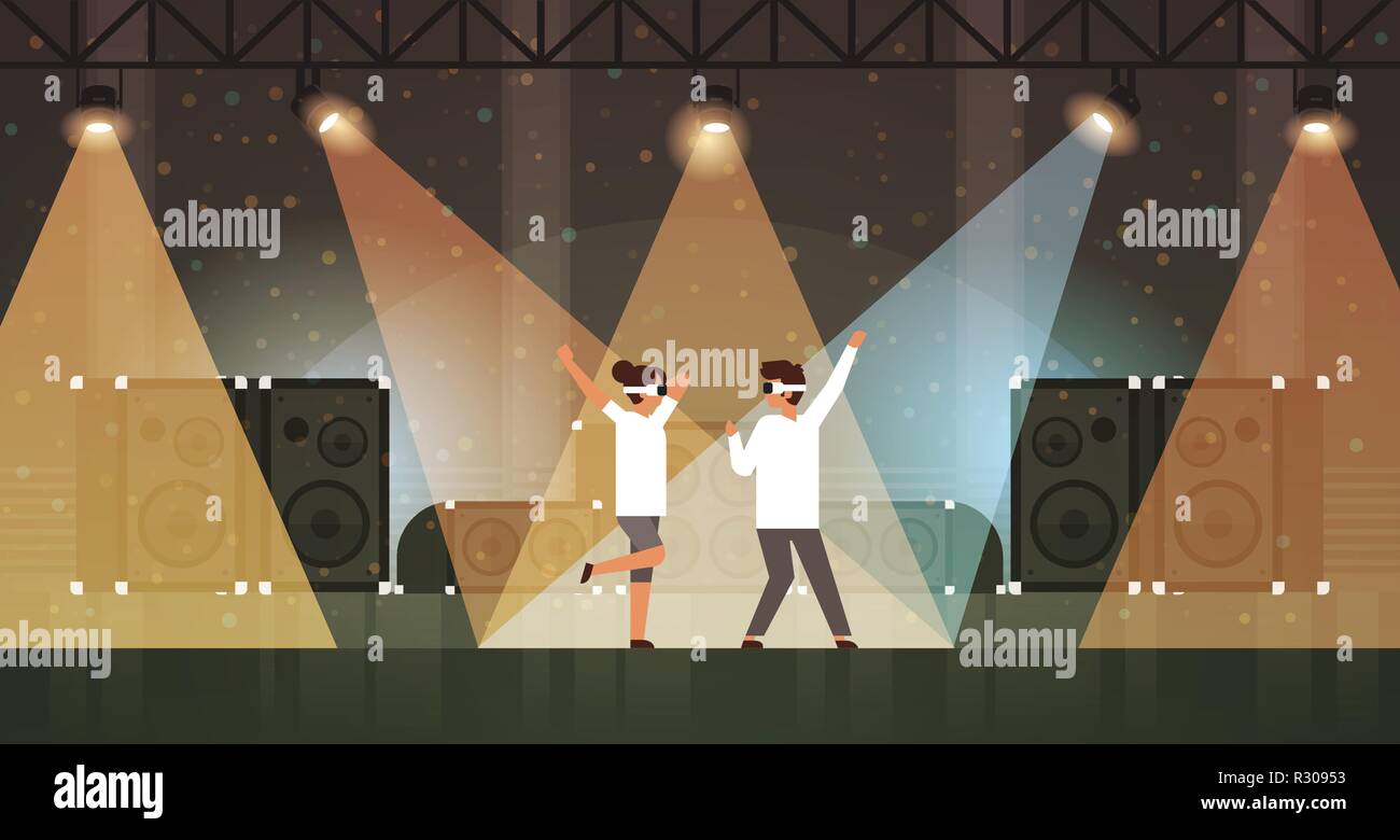 dancers couple wearing virtual reality glasses dancing on stage with light effects disco studio musical equipment multimedia speaker background flat horizontal Stock Vector