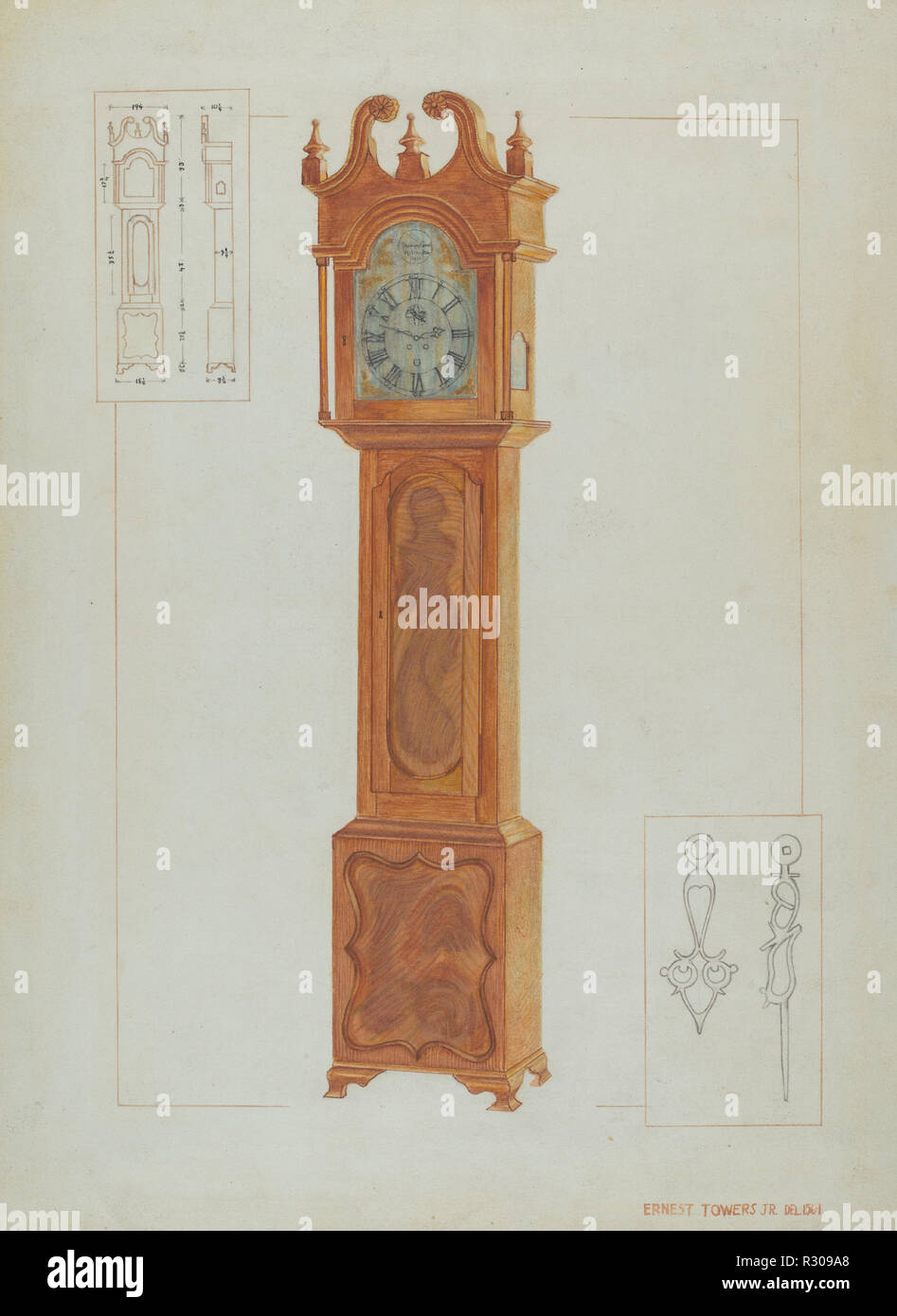 Grandfather's Clock. Dated: c. 1936. Dimensions: overall: 30.4 x 22.1 cm (11 15/16 x 8 11/16 in.)  Original IAD Object: 103'overall height; 18 1/2' max. width. See verso of data sh. for dets.. Medium: watercolor, colored pencil, pen and ink, and graphite on paper. Museum: National Gallery of Art, Washington DC. Author: Ernest A. Towers, Jr. Stock Photo