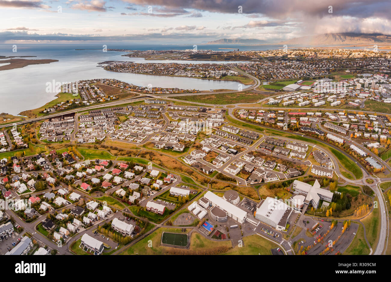 Aerial -  Gardabaer and Kopavogur, suburbs of Reykjavik, Iceland. This image is shot using a drone Stock Photo