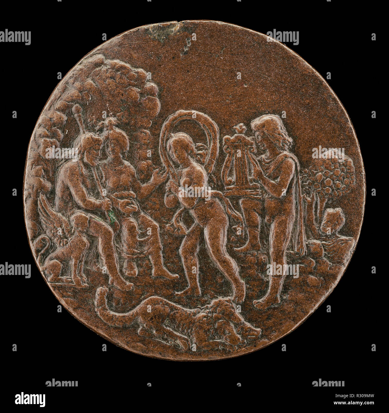 The Sacrifice of Iphigenia. Dated: fourth quarter 15th century. Dimensions: overall (diameter): 5.8 cm (2 5/16 in.) gross weight: 33 gr. Medium: bronze//Medium brown patina. Museum: National Gallery of Art, Washington DC. Author: Master of the Orpheus Legend. Stock Photo