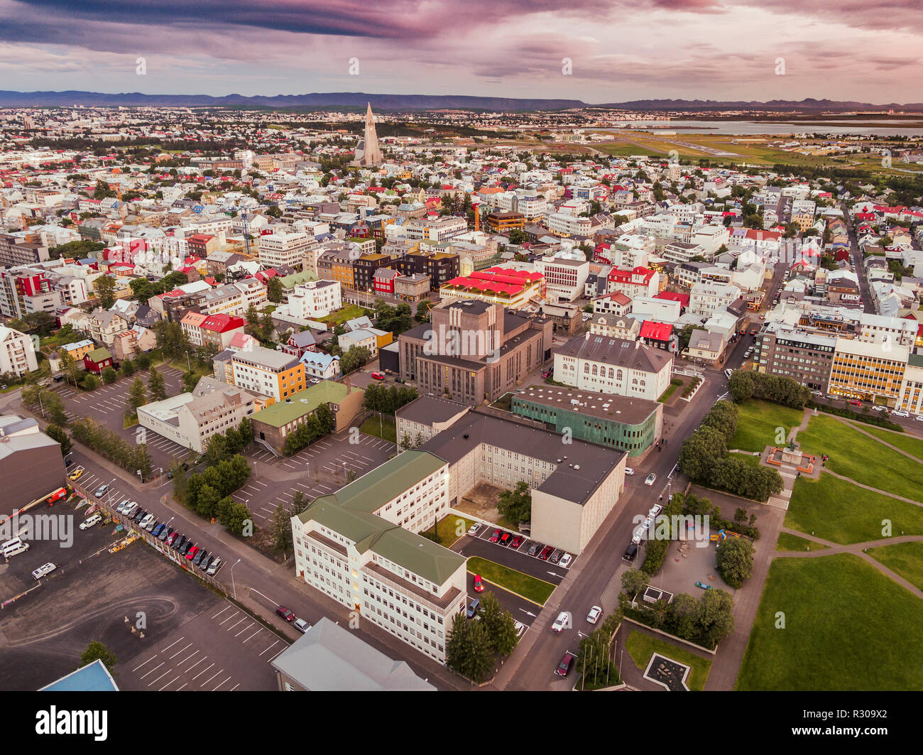 Aerial - Hallgrimskirkja Church and Reykjavik, Iceland. This image is shot using a drone. Stock Photo