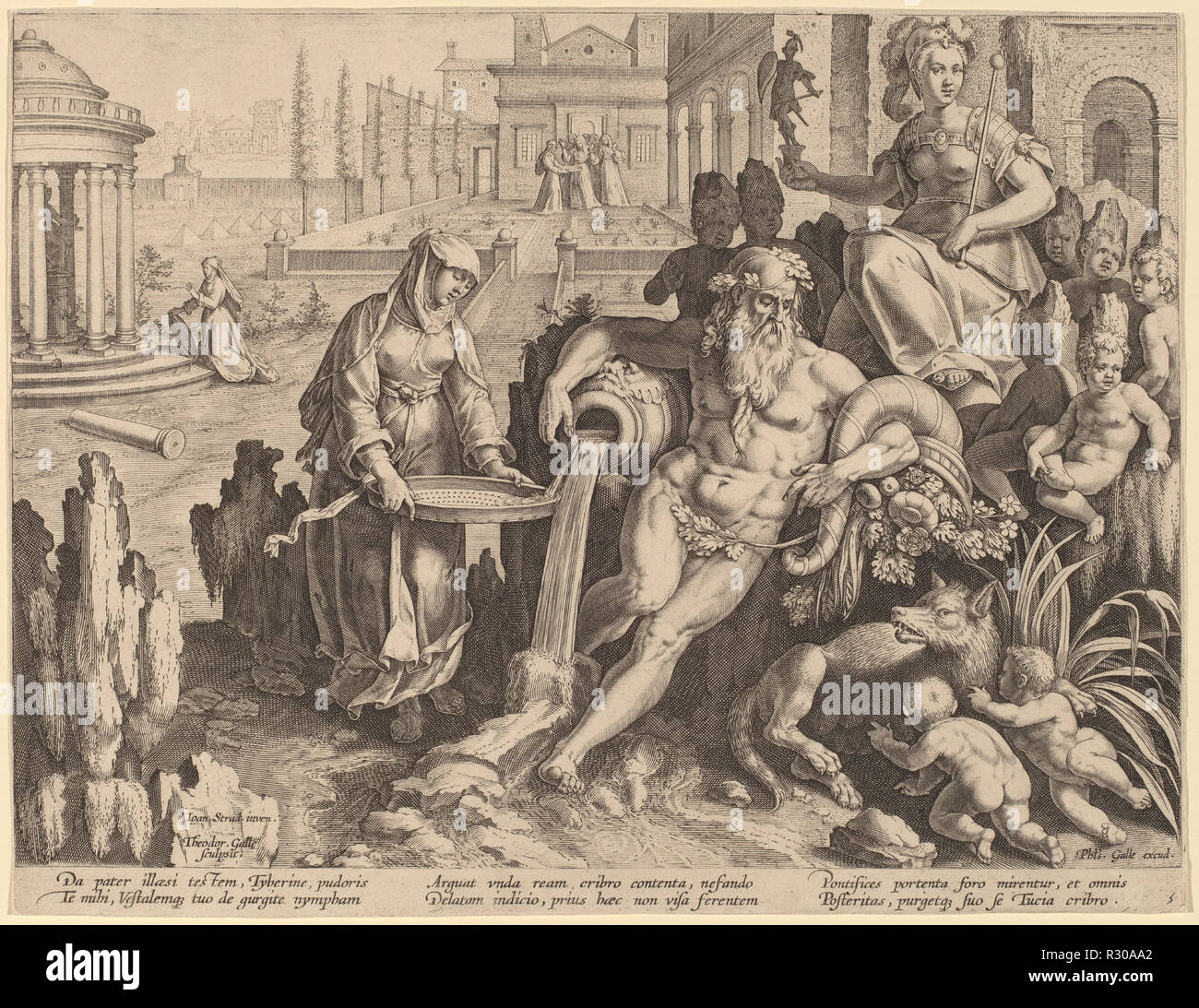 The River God Tiber with the Urn and the Vestal Tuccia. Dimensions: plate: 21.8 x 28.2 cm (8 9/16 x 11 1/8 in.). Medium: engraving on laid paper. Museum: National Gallery of Art, Washington DC. Author: Theodor Galle after Jan van der Straet. Stock Photo