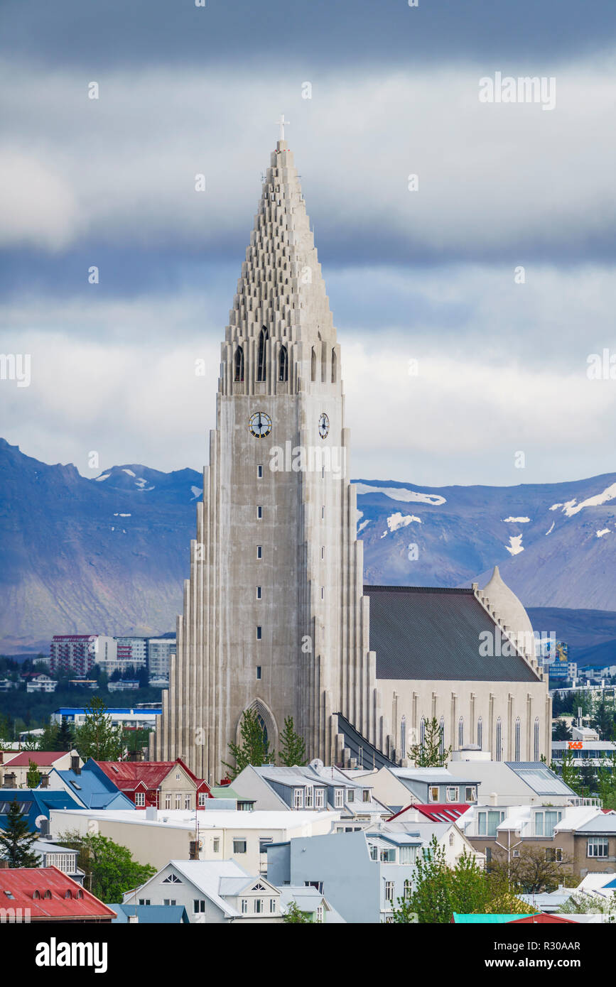 Aerial - Hallgrimskirkja Church and Reykjavik, Iceland. This image is shot using a drone. Stock Photo