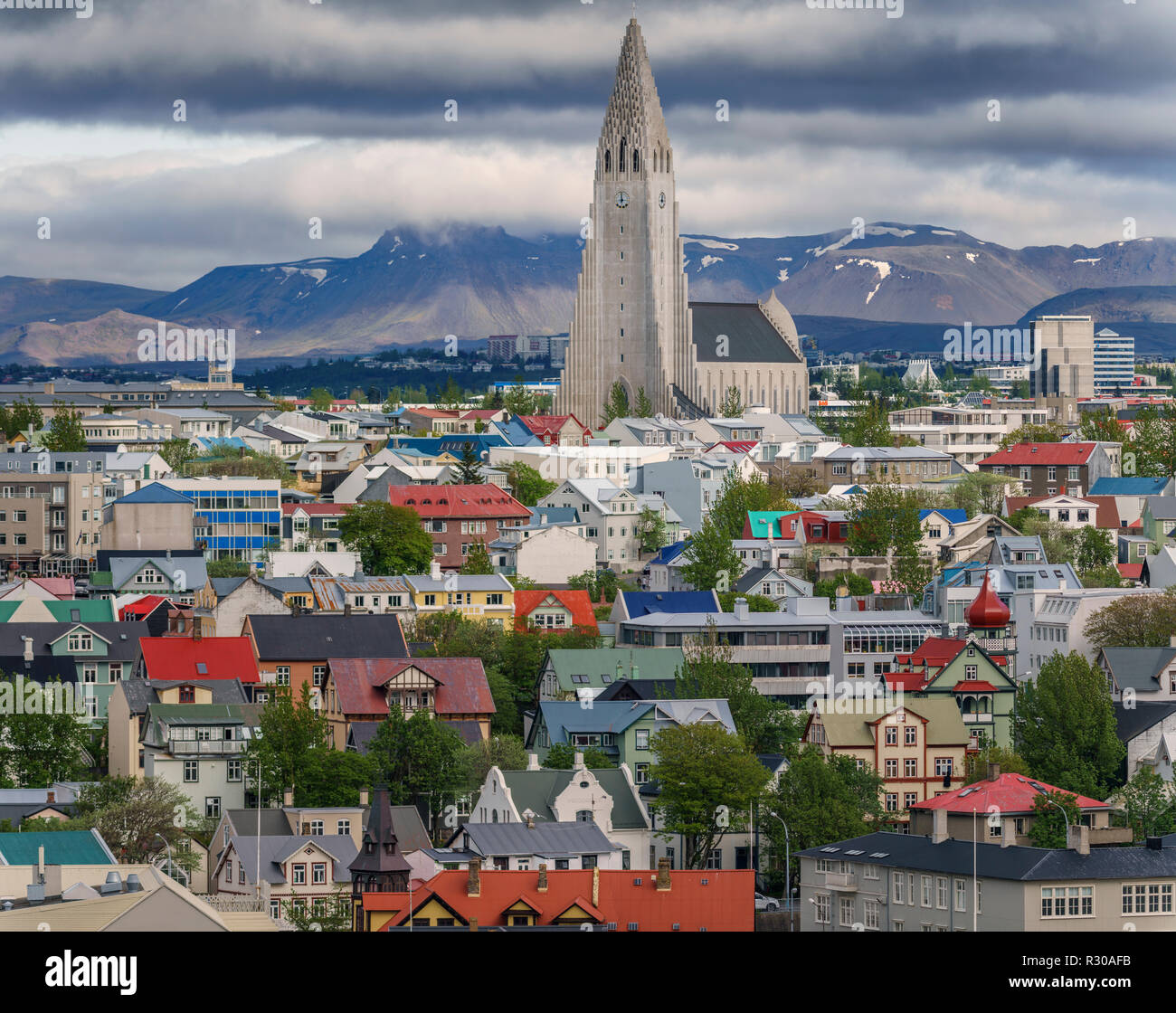 Aerial - Hallgrimskirkja Church and Reykjavik, Iceland. This image is shot using a drone. Stock Photo