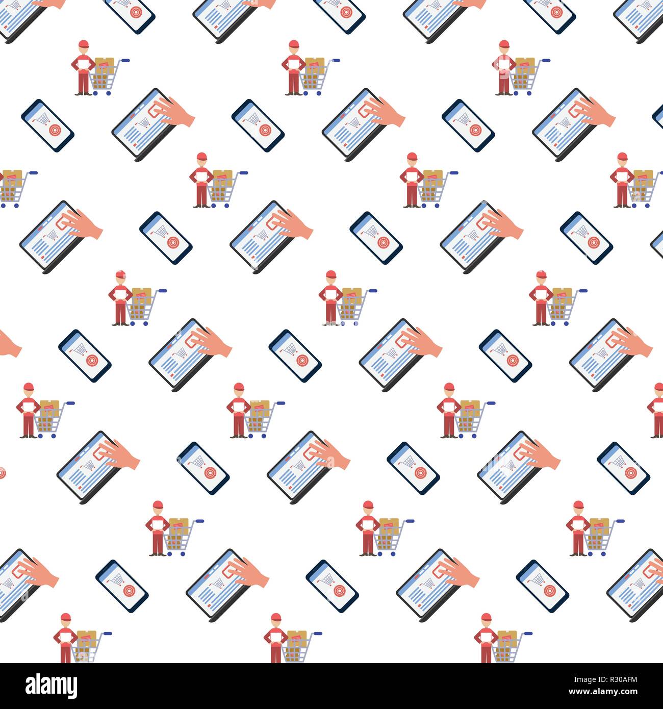 shopping icons seamless pattern online mobile computer application delivery service white background flat Stock Vector