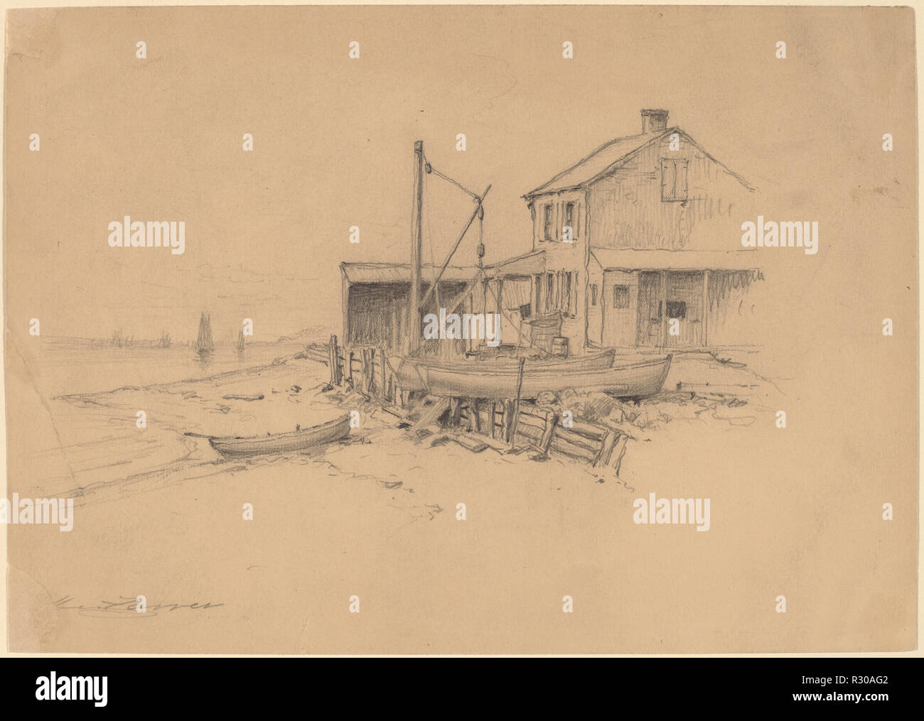 Fishing Boats and Shack. Dimensions: overall: 20 x 28.2 cm (7 7/8 x 11 1/8 in.). Medium: graphite on wove paper. Museum: National Gallery of Art, Washington DC. Author: Henry Farrer. Stock Photo