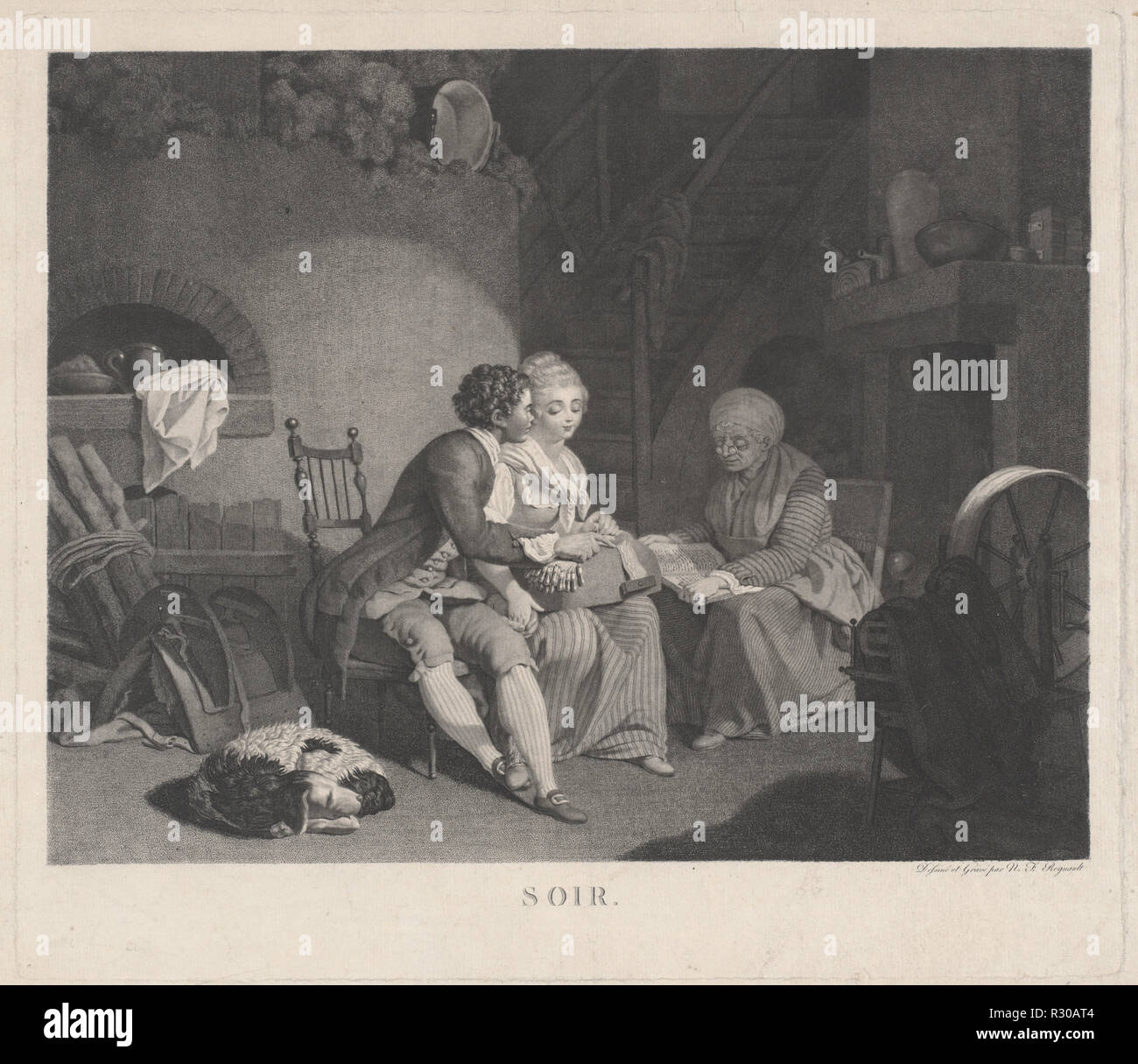 Soir (Evening). Dated: 1780s. Dimensions: plate: 42.2 × 48.6 cm (16 5/8 × 19 1/8 in.) sheet: 44.1 × 54.8 cm (17 3/8 × 21 9/16 in.). Medium: etching and stipple etching on laid paper. Museum: National Gallery of Art, Washington DC. Author: Nicolas Francois Regnault. Stock Photo
