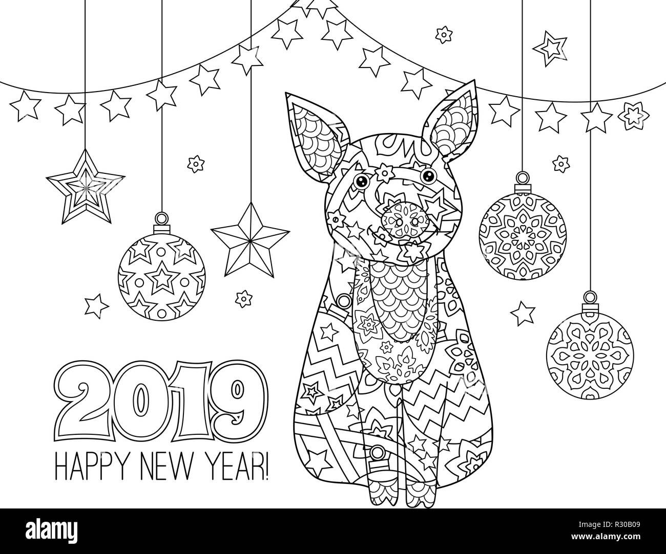Pig, simbol of New Year 2019 in zentangle inspired doodle style isolated on white. Coloring book page for adult and older children. Stock Vector
