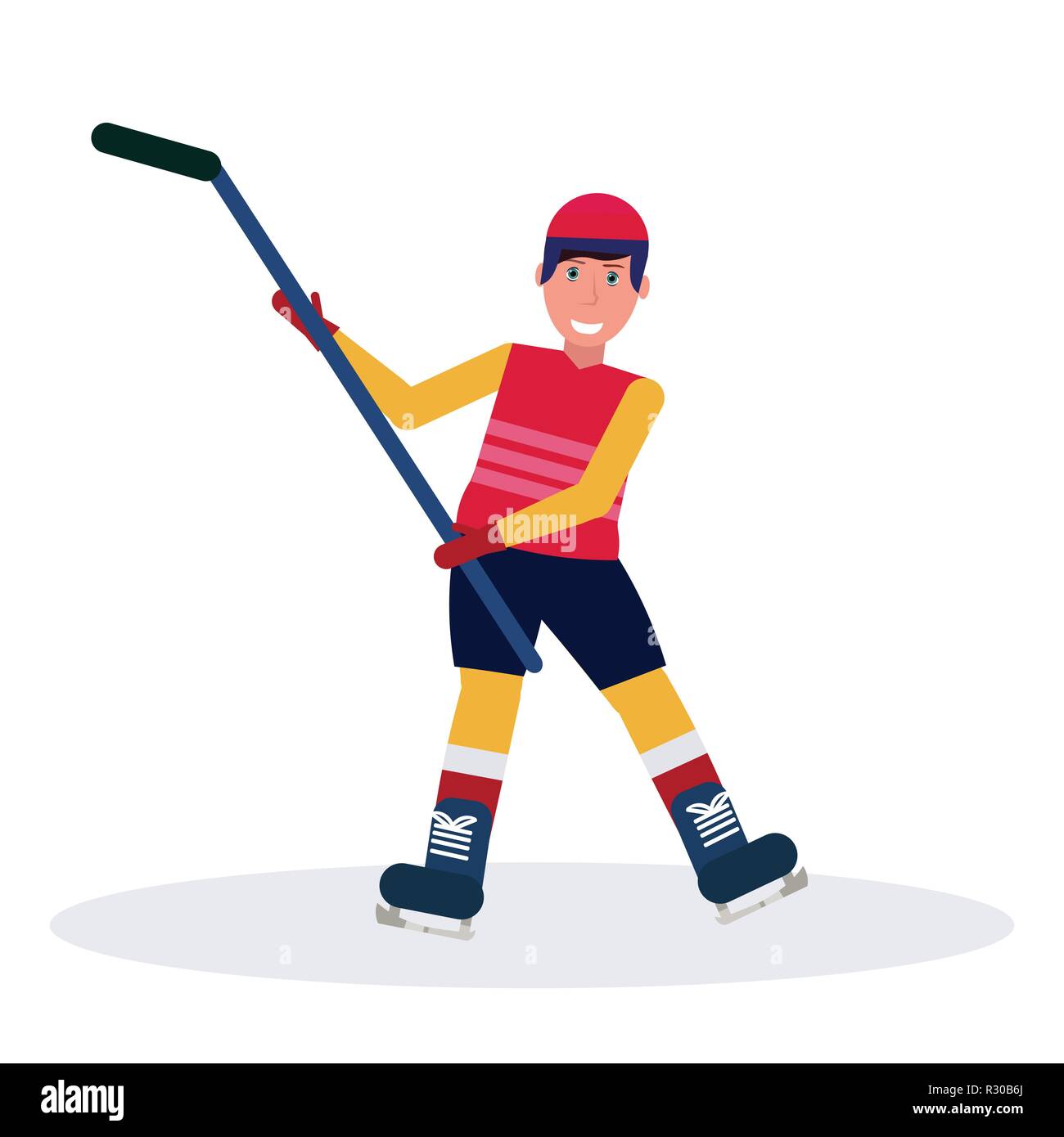ice hockey player raised stick skating goal celebrating concept male cartoon character full length flat isolated Stock Vector