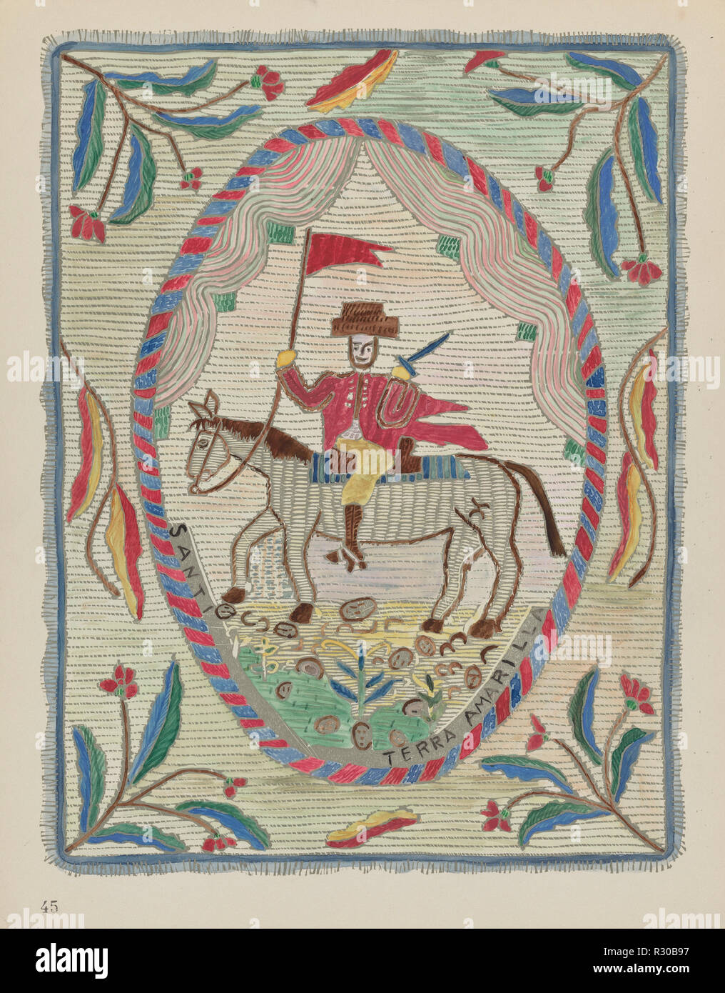 Plate 45: Embroidered Bedspread (St. James): From Portfolio 'Spanish Colonial Designs of New Mexico'. Dated: 1935/1942. Dimensions: overall: 35.6 x 20.8 cm (14 x 8 3/16 in.). Medium: screenprint on paper. Museum: National Gallery of Art, Washington DC. Author: American 20th Century. Stock Photo