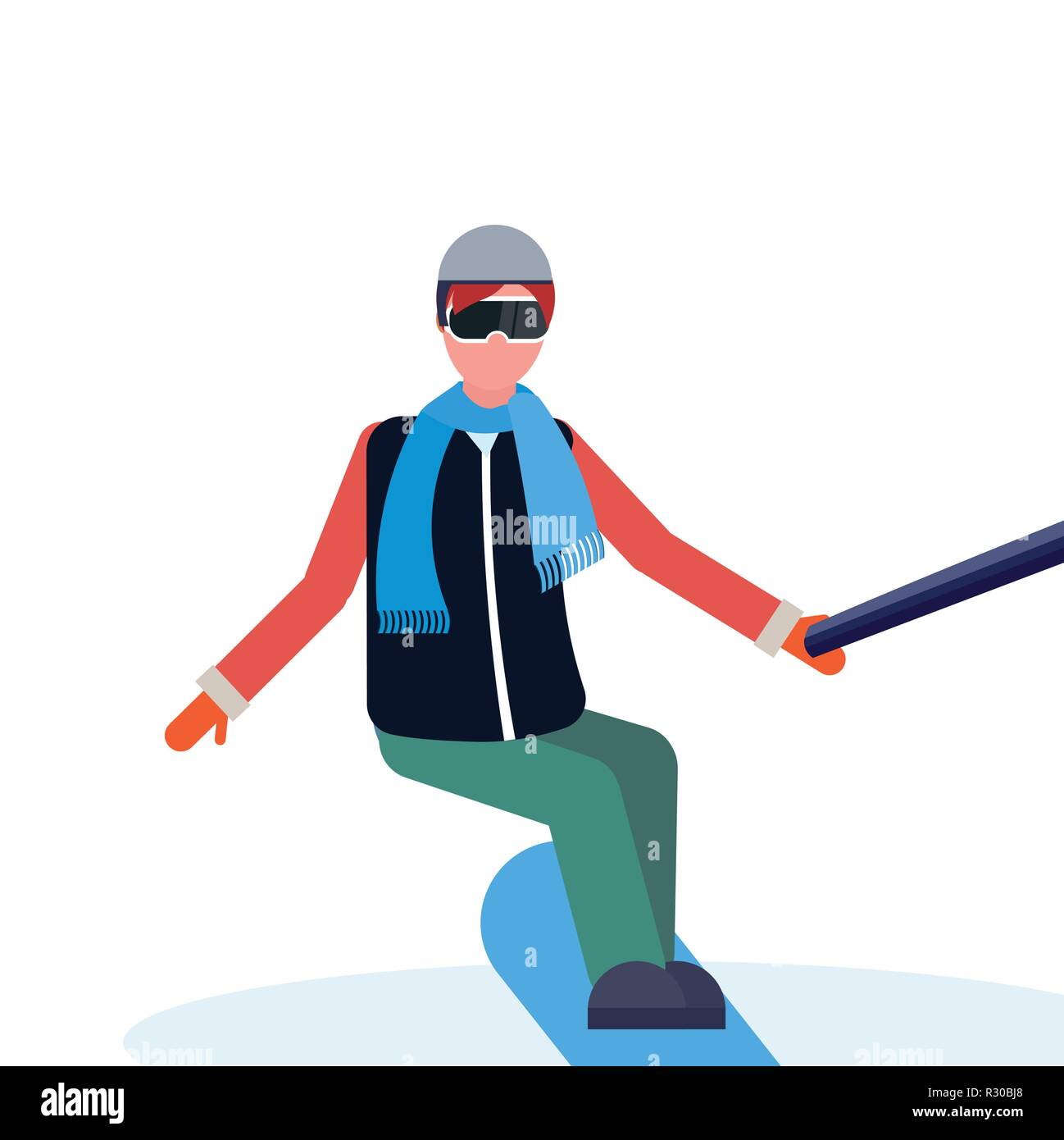 man snowboarder taking selfie by action camera winter vacation activities concept male cartoon character full length isolated flat Stock Vector