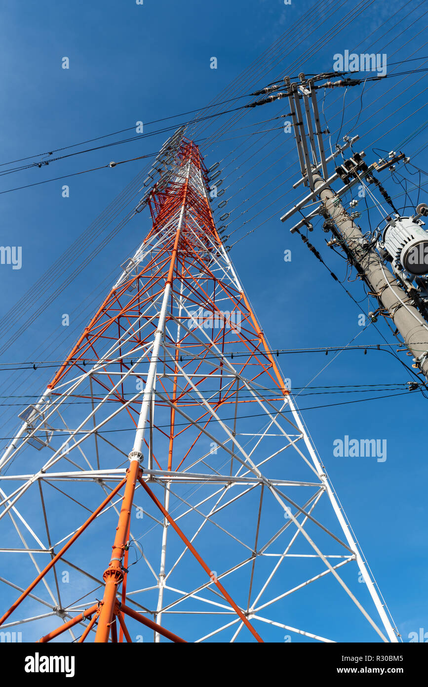 High voltage tower on sky background. Power line. Bottom view Stock ...