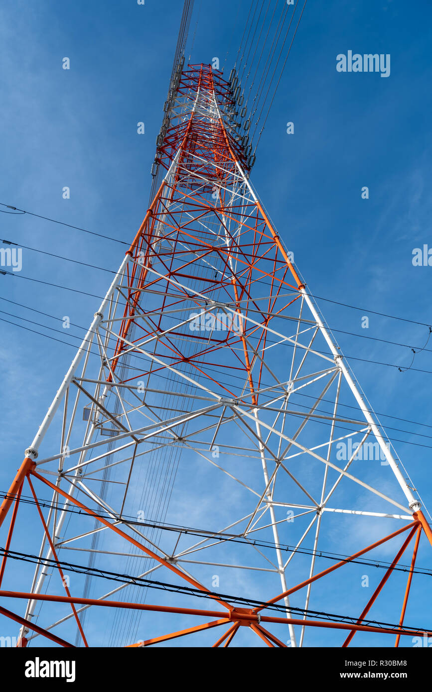 High voltage tower on sky background. Power line. Bottom view Stock ...