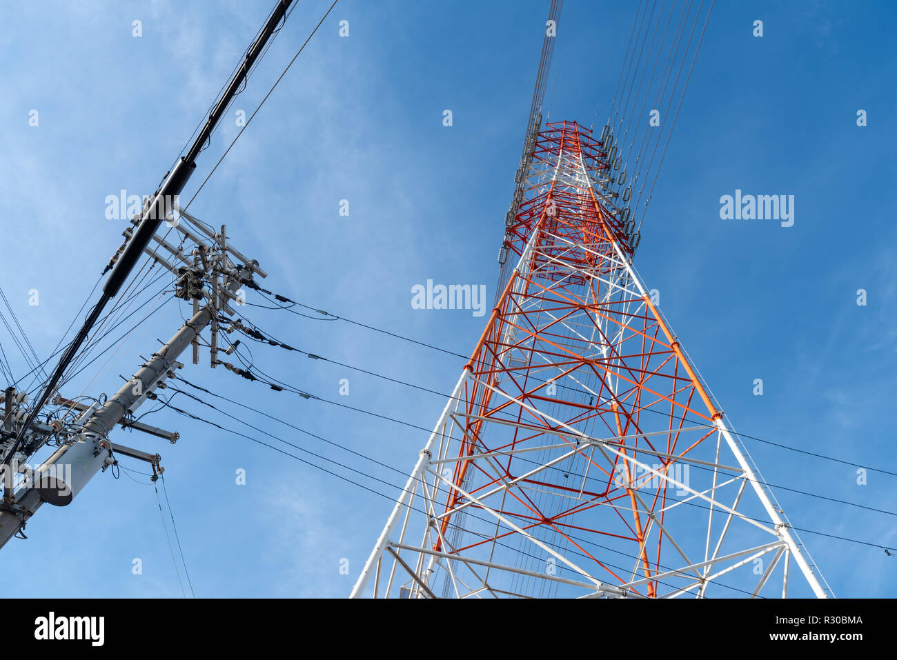 High voltage tower on sky background. Power line. Bottom view Stock ...