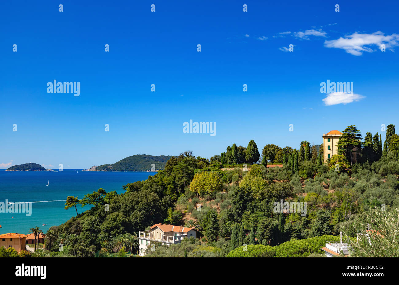 Lerici, Cinque Terre, Liguria, Italy - August 15, 2018 - view of the coast and the sea Stock Photo