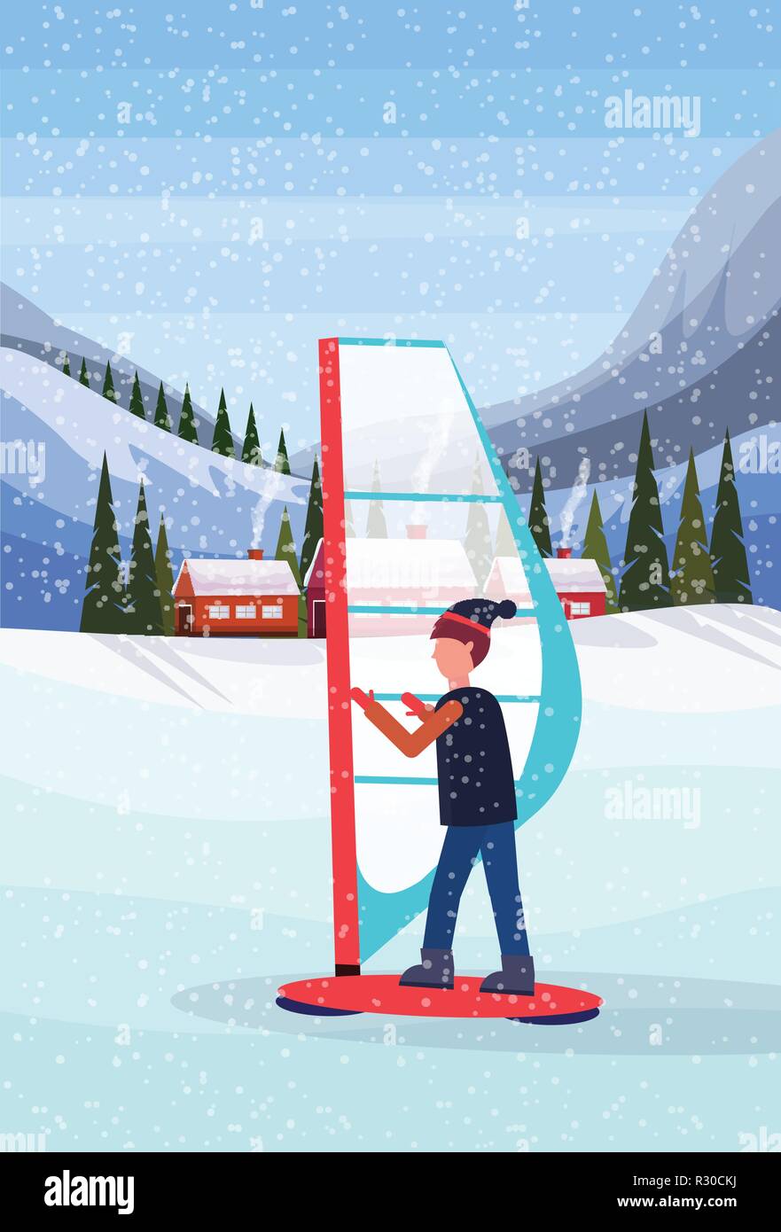 man windboarding windsurfing on snow over small village houses winter snowy mountains hills fir tree forest landscape background vertical flat Stock Vector