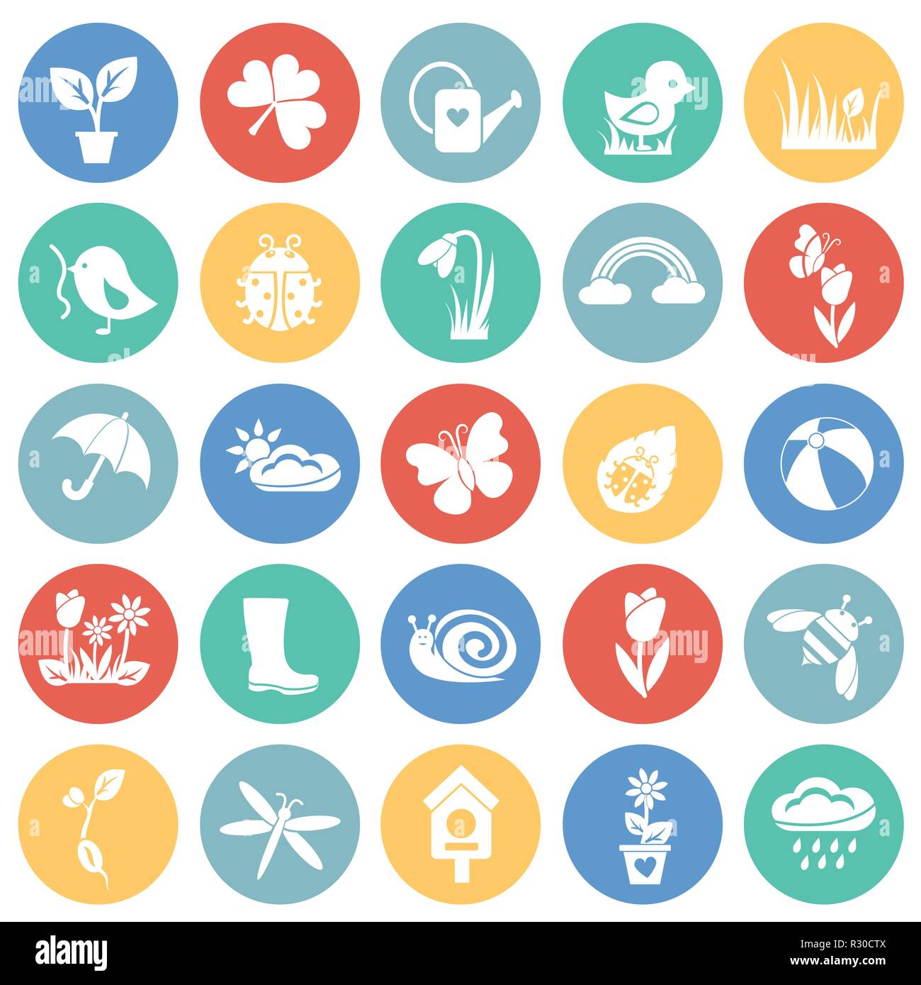 Spring set on color circles background icons Stock Vector