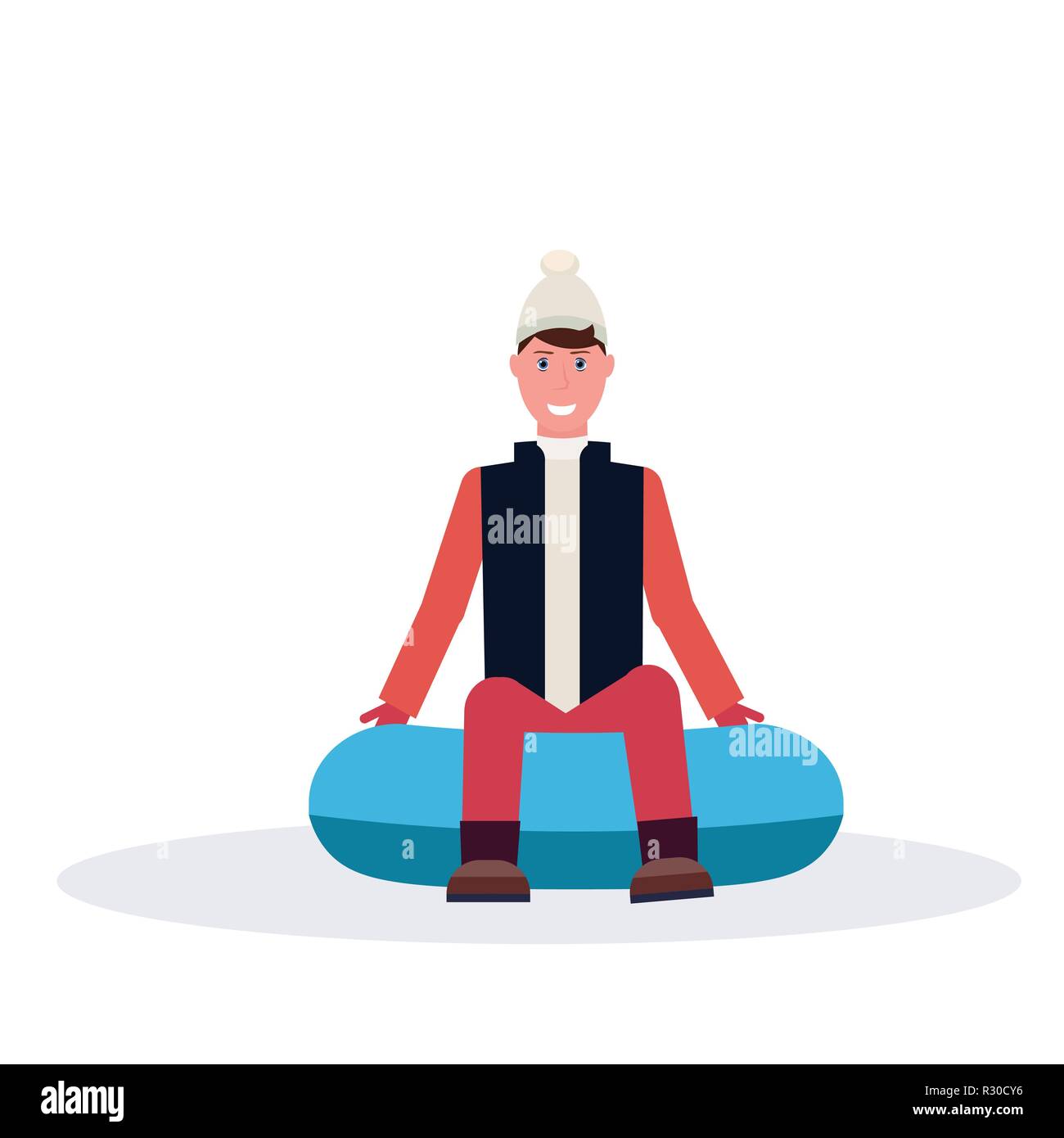 happy man sledding on snow rubber tube winter vacation activity concept male cartoon character isolated flat Stock Vector