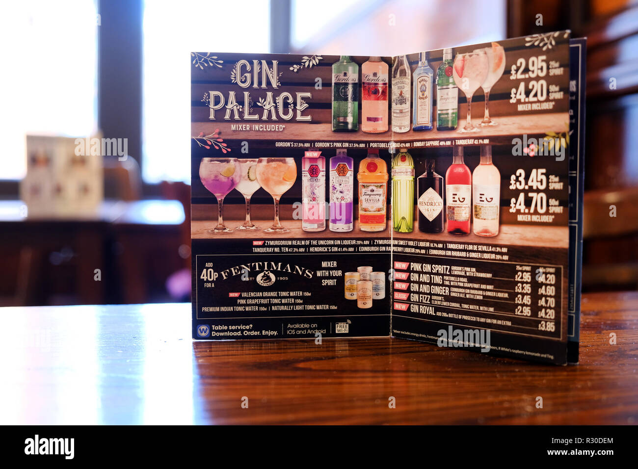 A JD Wetherspoons drinks menu card showing the Gin Palace options for