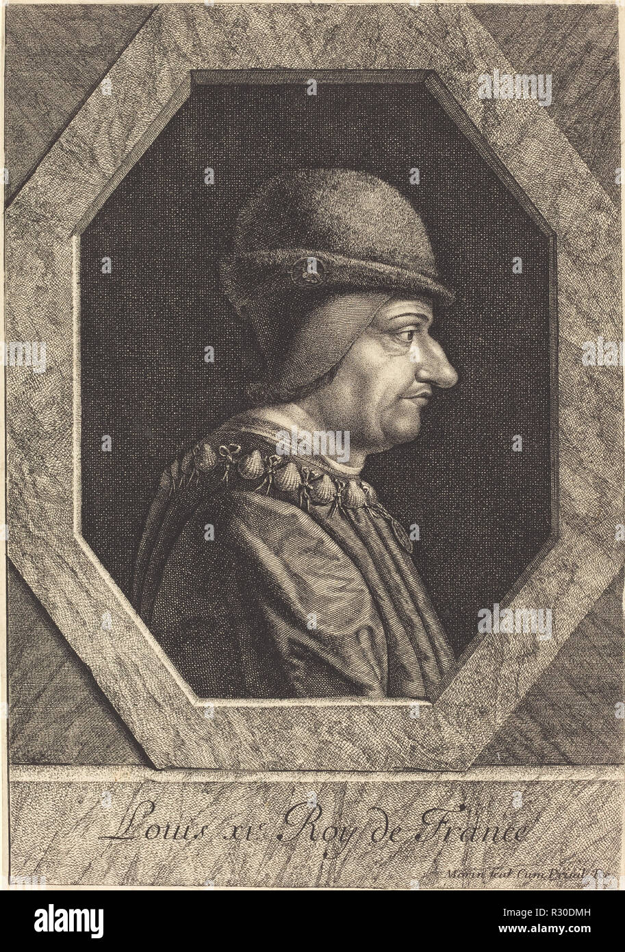 Louis XI. Dimensions: sheet (trimmed to plate mark): 30.6 x 21.4 cm (12 1/16 x 8 7/16 in.). Medium: etching, engraving, and stippling on laid paper. Museum: National Gallery of Art, Washington DC. Author: Jean Morin. Stock Photo