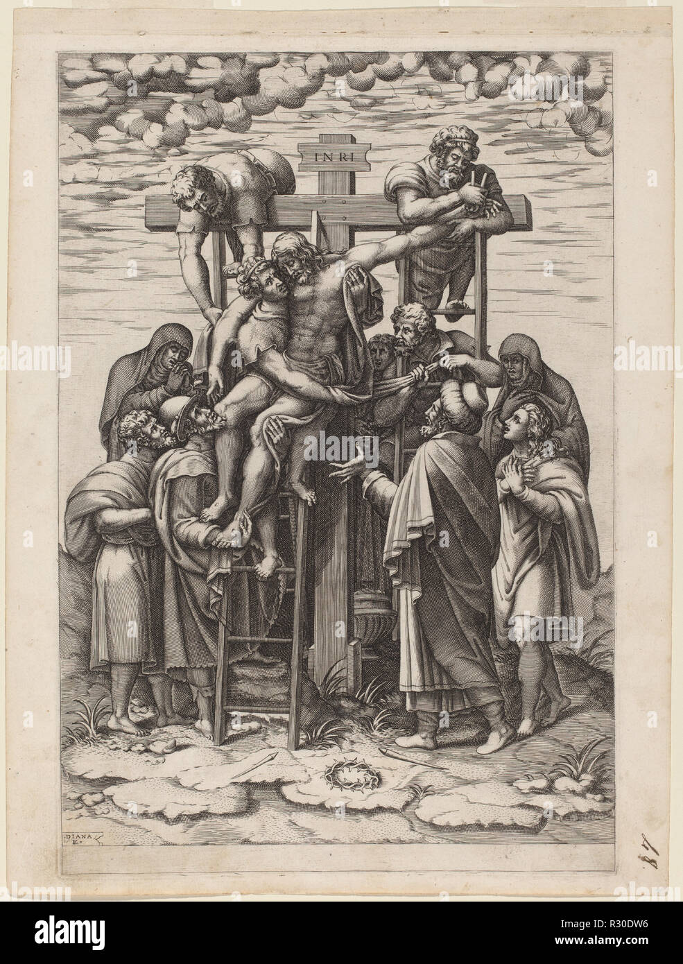 The Descent from the Cross. Dated: 1570. Dimensions: plate: 32.6 x 22.1 cm (12 13/16 x 8 11/16 in.)  sheet: 35 x 26.2 cm (13 3/4 x 10 5/16 in.). Medium: engraving on laid paper. Museum: National Gallery of Art, Washington DC. Author: Diana Scultori. Stock Photo