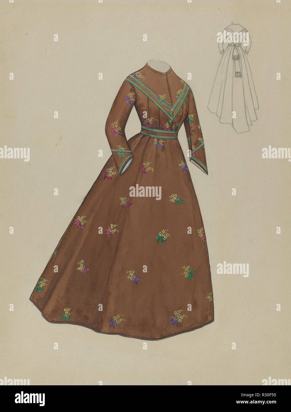 Dress. Dated: c. 1936. Dimensions: overall: 29.8 x 23 cm (11 3/4 x 9 1/16 in.). Medium: watercolor, goauche, and graphite on paperboard. Museum: National Gallery of Art, Washington DC. Author: Jessie M. Benge. Stock Photo