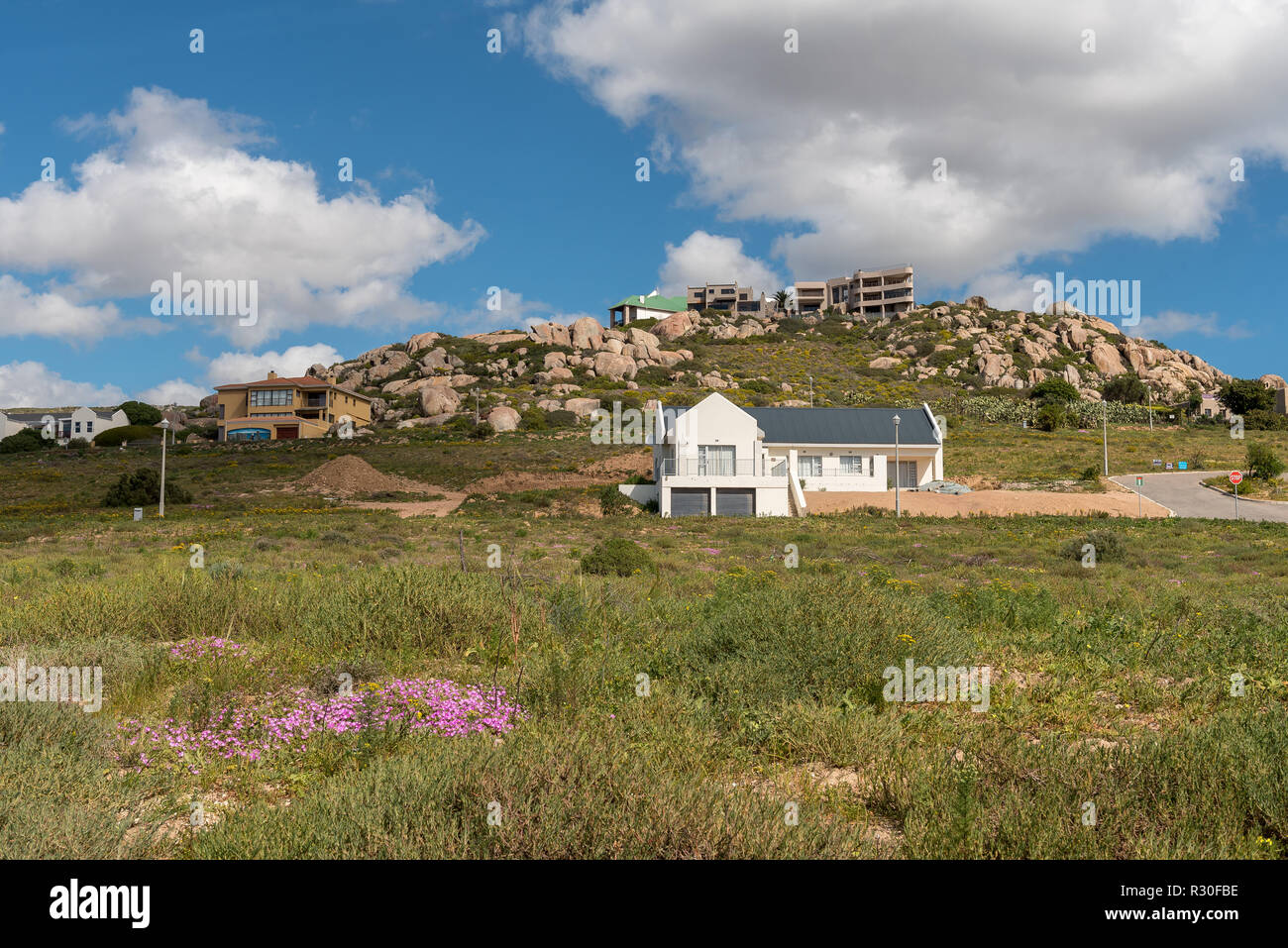 ST HELENA BAY, SOUTH AFRICA, AUGUST 21, 2018: A view of wild flowers and luxury houses in St Helena Bay on the Atlantic Ocean Coast Stock Photo
